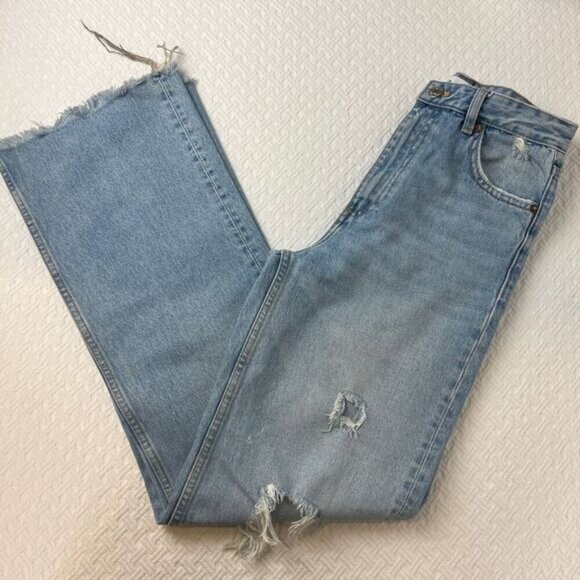 Zara Women's Size 4 Destroyed Distressed Wide Leg Light Wash Blue Jeans Grunge - Picture 1 of 16
